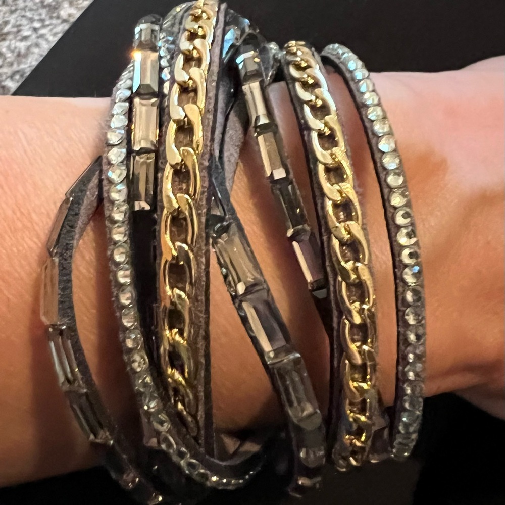 Paparazzi Gray and Gold Strappy Layered Leather Look Bracelet
